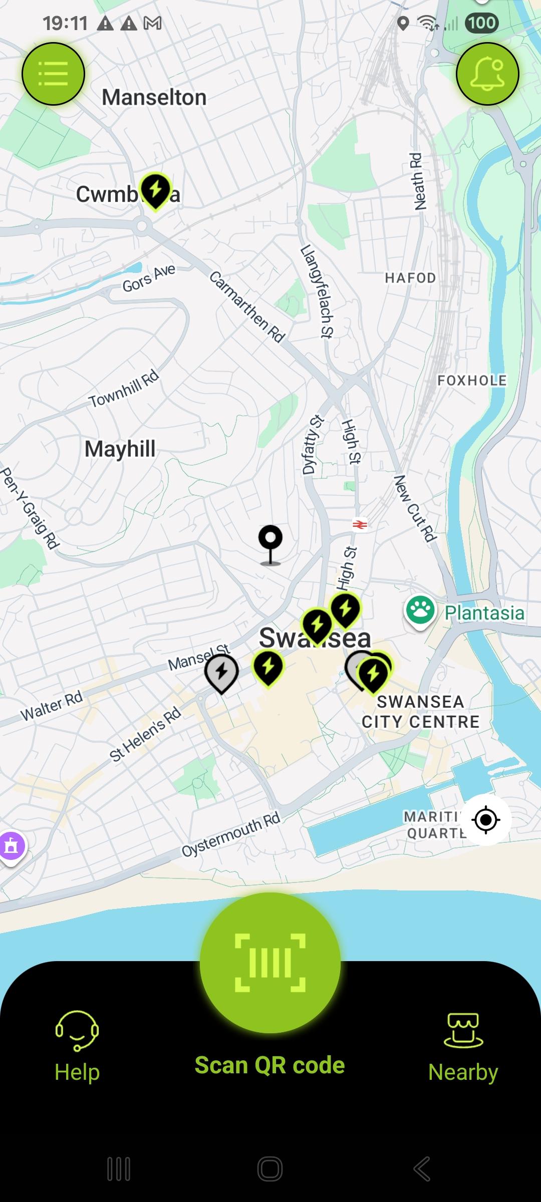 Loop app map showing charging stations across Swansea