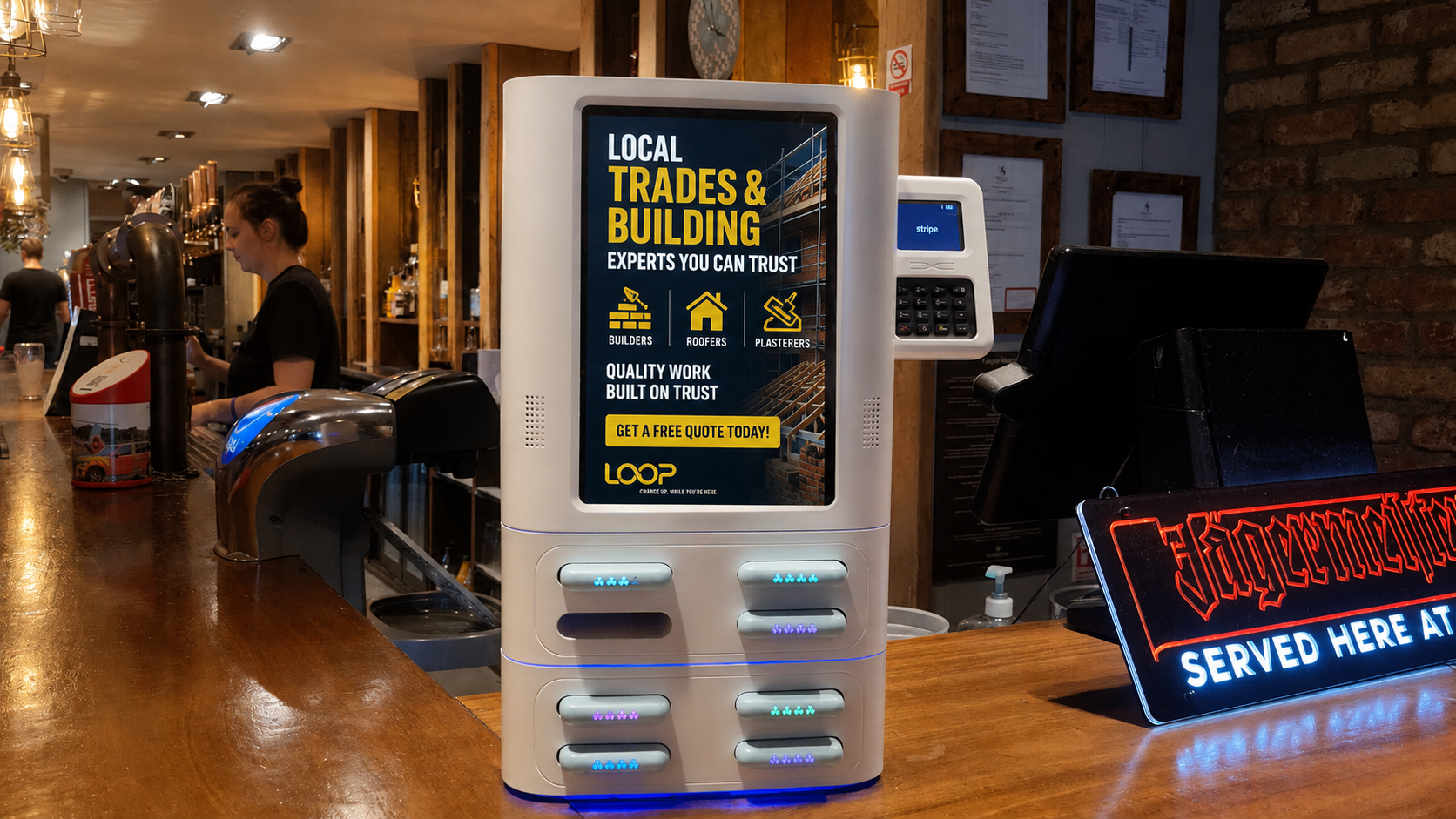 A finished Loop screen advert for a local trades and building firm, running on a station on a pub bar.